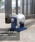 Heavy Duty Sliding Gate Roller With Bracket Rock Solid Steel Track Wheel Built Like A Tank For No Sweat Installation On Any Residential Driveway Gate System, showing sturdy steel pulley on blue bracket.