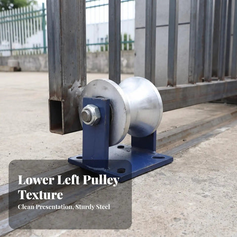 Heavy Duty Sliding Gate Roller With Bracket Rock Solid Steel Track Wheel Built Like A Tank For No Sweat Installation On Any Residential Driveway Gate System, showing sturdy steel pulley on blue bracket.