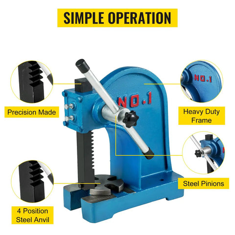 Heavy Duty 3 Ton Arbor Press Bench Top Manual Leverage Shop Tool For Squeezing Bearing Installation And Riveting Punching Or Bending Work Built Tough As Nails with steel anvil and precision-made frame.