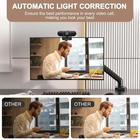 Fresh 1080P Full HD Webcam For Pc With Built In Mic And Privacy Slide Cover, showing light correction feature in video call setup.