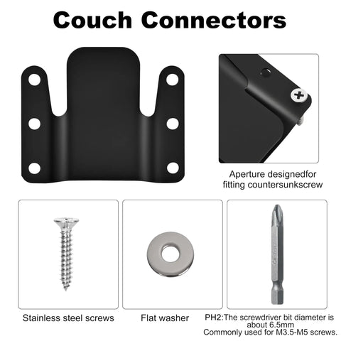 Heavy Duty Metal Sectional Sofa Connectors With Included Screws Universal Couch Interlocking Brackets showing connector, screws, washer and tool.