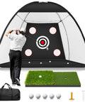 Person practicing golf with 10x7ft Golf Practice Net With Dual Turf Hitting Mat For Backyard Driving And Chipping All In One