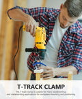 Pro-Grade T-Track Clamp Quick-Act Hold-Down for Woodworking in use with drill on workbench, adjustable jig fixture shown.