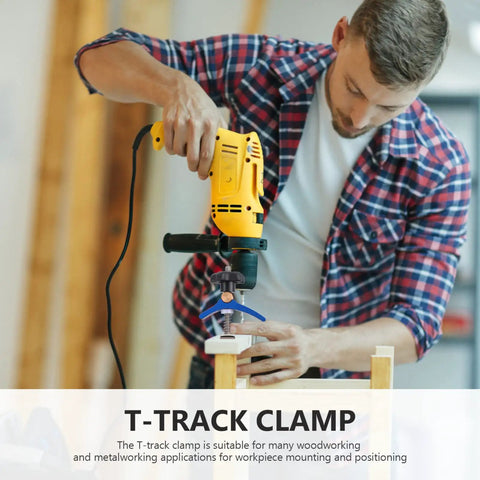 Pro-Grade T-Track Clamp Quick-Act Hold-Down for Woodworking in use with drill on workbench, adjustable jig fixture shown.