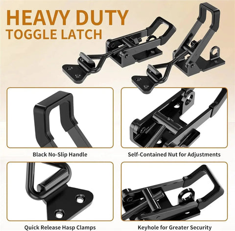 8 Piece Toggle Latch Set with Adjustable Cabinet Lever Handles featuring self-locking mechanism, black no-slip handle, and quick release clamps.