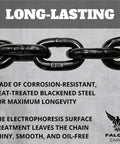 Heavy Duty One Half Inch By Twenty Foot Grade Eighty Transport Binder Chain With Twelve Thousand Lbs WLL And Forty Eight Thousand Lbs Break Strength, Clevis Grab Hooks For Tie Down And Towing, Oil Free Surface And Corrosion Resistant Blackened Steel.