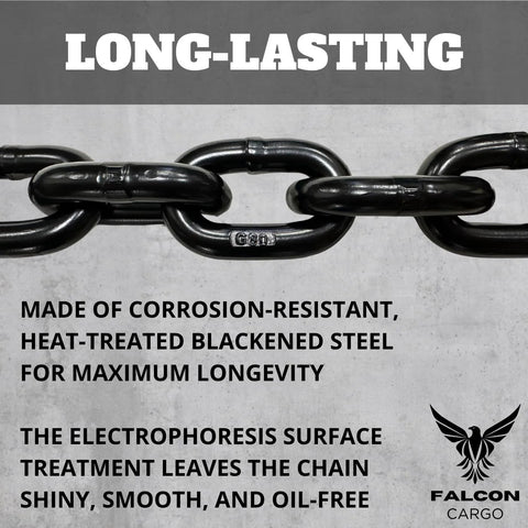Heavy Duty One Half Inch By Twenty Foot Grade Eighty Transport Binder Chain With Twelve Thousand Lbs WLL And Forty Eight Thousand Lbs Break Strength, Clevis Grab Hooks For Tie Down And Towing, Oil Free Surface And Corrosion Resistant Blackened Steel.