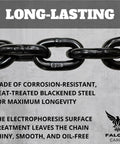 Heavy Duty Half Inch Grade 80 Transport Binder Chain Twenty Foot With Clevis Grab Hooks, blackened steel, close-up view