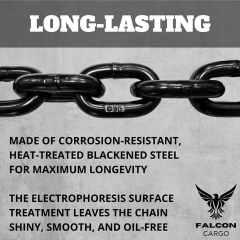 Heavy Duty Half Inch Grade 80 Transport Binder Chain Twenty Foot With Clevis Grab Hooks, blackened steel, close-up view