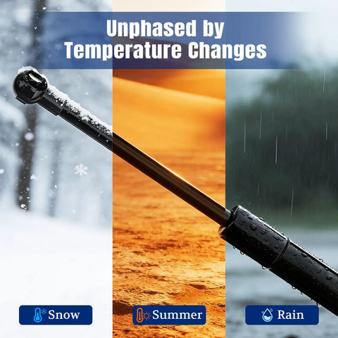 28 Inch Gas Struts 200 Pounds With 10Mm Ball Studs Pair displayed with snow, sand, and rain, showcasing temperature resilience.