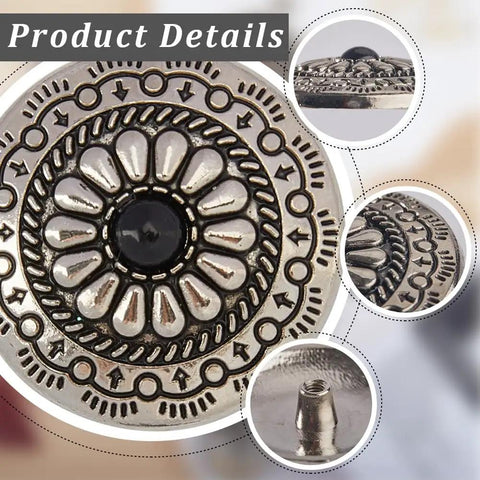 Knockout Vintage Screw Back Buttons 30mm Round Conchos Black Artificial Turquoise with detailed metal pin design.