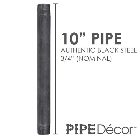 Three Quarter Inch By Ten Inch Black Steel Pipe Four Pack For Diy Rustic Industrial Furniture Projects Pre Cut And Ready To Roll Fits Standard Three Quarter Inch Threaded Black Malleable Iron Fittings, single pipe detailed view.