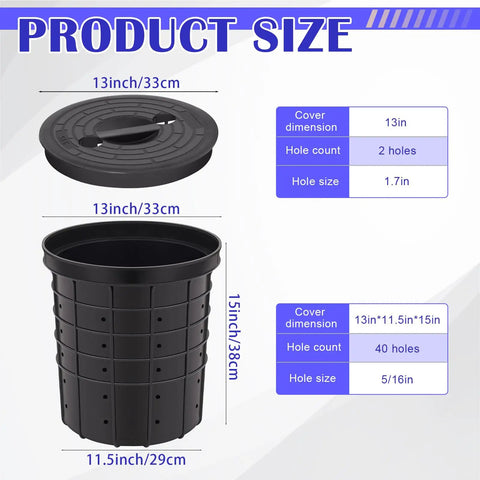 Product size diagram of Perforated Sump Basin With Lid For Crawl Spaces And Yards Black 15 Inch Catch Basin With Drilled Holes