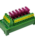 Front view of Six Channel DC Power Fuse Distribution Strip Module With DIN Rail Mount, Handles 0 to 32V, Up To 30A Total