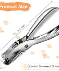 Product size diagram of 24 Pack 1/4 Inch Single Hole Punch Set, metal paper puncher with 5 sheet capacity, silver finish, punching confetti.