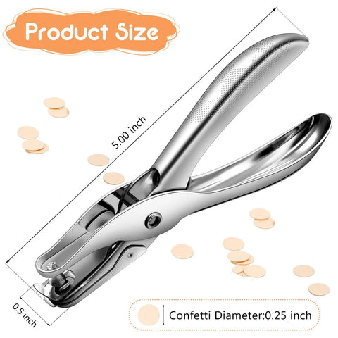 Product size diagram of 24 Pack 1/4 Inch Single Hole Punch Set, metal paper puncher with 5 sheet capacity, silver finish, punching confetti.