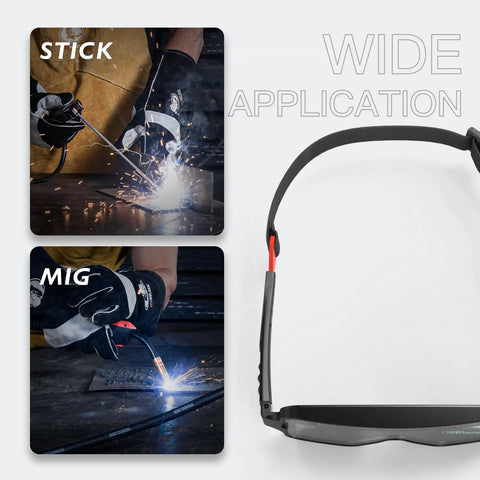 Solar Powered Auto Darkening Welding Goggles With True Color Filter, 2 Sensors, Welder Glasses For MIG TIG Arc Welding, Pro Grade Lightweight Comfort displayed in welding scenario.