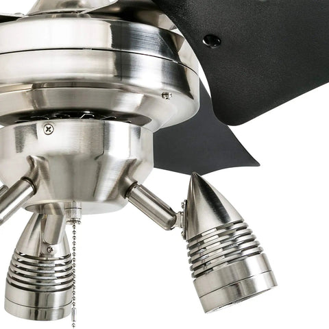Close-up of 56 Inch Modern Ceiling Fan With LED Light And Pull Chain, Dual Mounting, Reversible Motor, Brushed Nickel Finish.