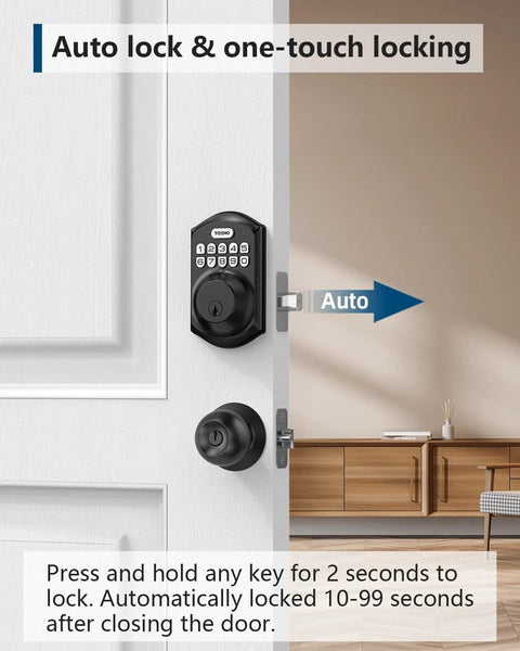 TEEHO keypad deadbolt lock, matte black, installed on white front door