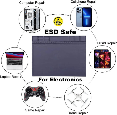 HPFIX ESD-safe silicone anti-static mat with wristband and grounding wire, grey 15.9x12in for electronics repair