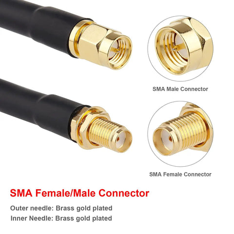 Close-up of SMA Male to SMA Female Coax Cable 6 Foot RG58 Low Loss RF Extension gold-plated connectors.