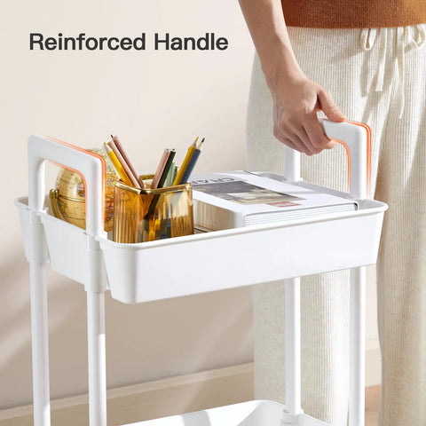Person holding reinforced handle of a Three Tier Rolling Cart Organizer With Lockable Wheels and Reinforced Handle, Lightweight Plastic Utility Cart.