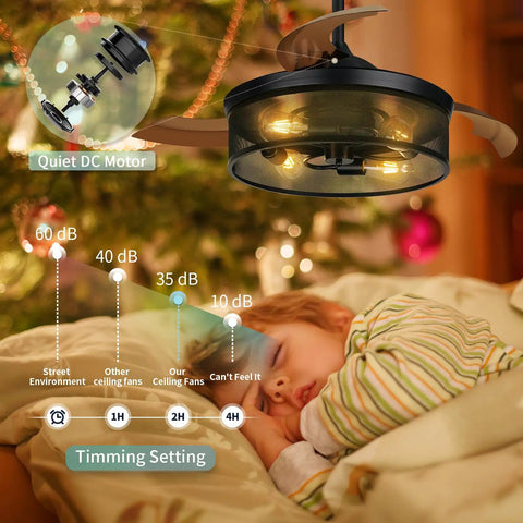 42 Inch Retractable Ceiling Fan With Lights Killer Reversible 6 Speeds Cage Industrial Farmhouse Ceiling Fan With Hidden Blades Remote Control Ideal For Living Room Bedroom Patio Black