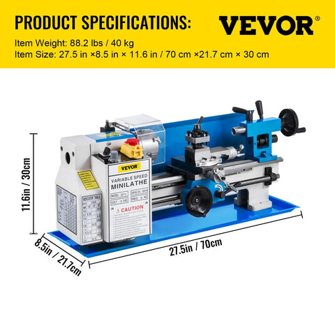 Built Tough 7 X 12 Inch Mini Metal Lathe Benchtop Machining Station with robust cast iron base and variable speed up to 2500 RPM.
