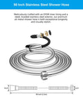 Heavy Duty All Metal Shower Hose 90 Inch Stainless Steel Brass Fittings Chrome coiled with black inner lining visible