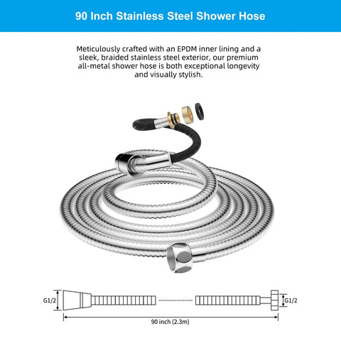 Heavy Duty All Metal Shower Hose 90 Inch Stainless Steel Brass Fittings Chrome coiled with black inner lining visible