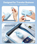 Blue travel power strip with 4 outlets and 3 USB ports USB C, compact design in luggage with wrap around extension cord.
