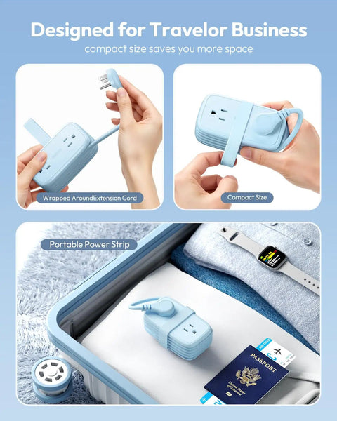 Blue travel power strip with 4 outlets and 3 USB ports USB C, compact design in luggage with wrap around extension cord.