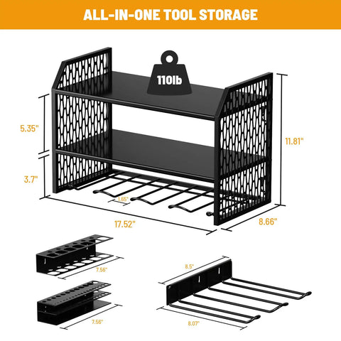 Power Tool Storage Rack With Six Drill Holders And Pegboard Organizer Shelf For Garage Walls, dimensions and weight capacity shown.