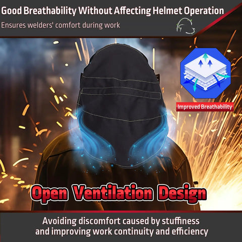 Welding Hood Cover With Extended Wraparound Neck Protector FR Cotton Rear Cover With Press Fit Seal Keeps Your Neck Safe While Shielding Back Of Head Fits Most Helmets Reduces Spatter Sparks And Glare in use, showing open ventilation design with improved breathability.