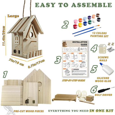 Large Wood Bird House Kit For Outdoors DIY Weekend Project For Adults Build It Yourself with paint, brush, and pre-cut pieces
