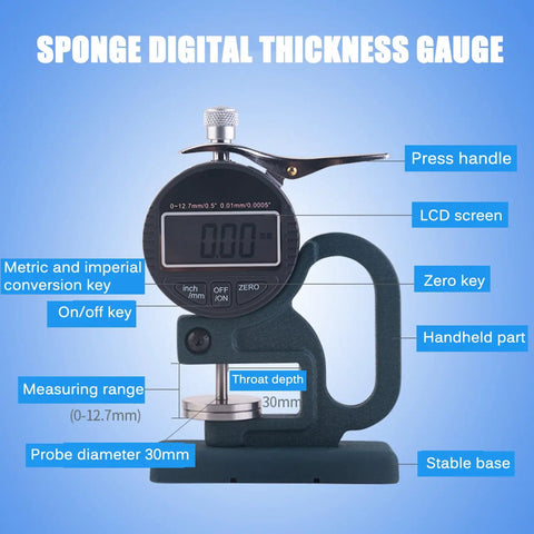 Workhorse Thickness Gauge For Sponge, Paper, Cardboard And Foam Rubber Sheets, 0 To 12.7 mm Range With 30 mm Probe and LCD Display.