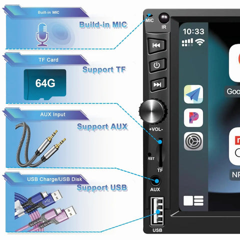 Wireless Double Din Car Stereo With Wireless CarPlay And Android Auto 7 Inch HD Touchscreen Bluetooth Five Point One USB and AUX Support