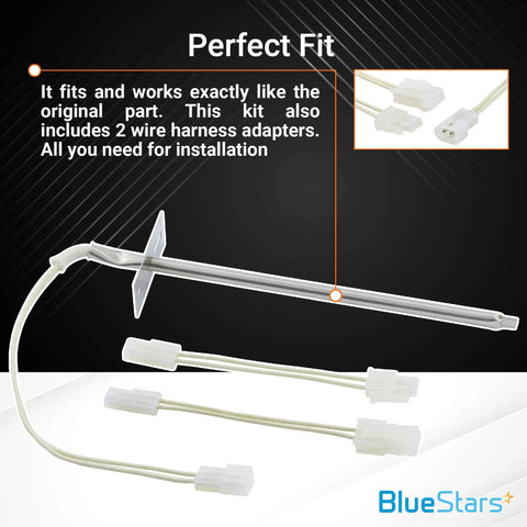 Oven temperature sensor kit with metal probe, mounting bracket, and 2-wire white connectors (side view), BlueStars