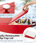 80 Quart Rolling Ice Chest Cooler On Wheels With Bottle Opener, Cap Catcher, And Bottom Storage Shelf, shown open, Red.