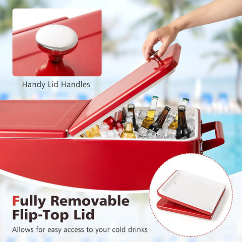80 Quart Rolling Ice Chest Cooler On Wheels With Bottle Opener, Cap Catcher, And Bottom Storage Shelf, shown open, Red.