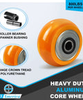 Four By Two Inch Heavy Duty Caster Wheels Set Of Fifty, Industrial Aluminum Core And Polyurethane Crowned Tread Providing Eight Hundred Pound Load Rating Per Wheel featuring orange crowned tread.