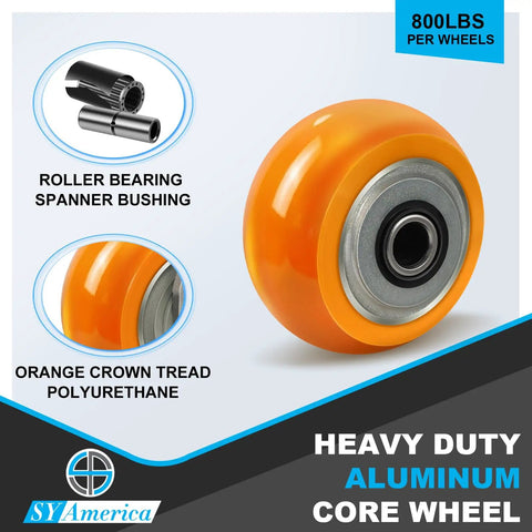 Four By Two Inch Heavy Duty Caster Wheels Set Of Fifty, Industrial Aluminum Core And Polyurethane Crowned Tread Providing Eight Hundred Pound Load Rating Per Wheel featuring orange crowned tread.