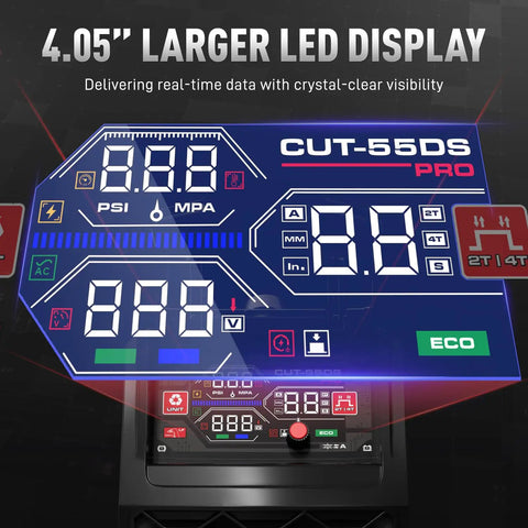 LED display of Plasma Cutter 55A Non HF Non Touch Pilot Arc 4 In 1 with settings for PSI and MPA