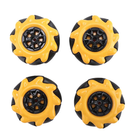 Four yellow and black wheels for Four Wheel Mecanum Robot Car Kit With Single Layer Aluminum Alloy Chassis, DIY Assembly For Makers