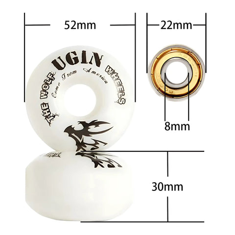 52mm 95A White Skateboard Wheels With Comprehensive Tool Kit Bearings Washers Spacers All In One Street Freestyle Setup Durable PU Wheels For Street Tricks Grinds And Cruising, showing wheel dimensions and bearings