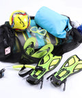 Large Mesh Duffle Bag For Scuba Diving, Snorkeling, Swimming, And Camping With Adjustable Shoulder Strap filled with gear