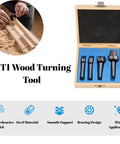 MT1 wood turning tool set in a wooden box with blue foam insert; five lathe turning bits arranged in a case.