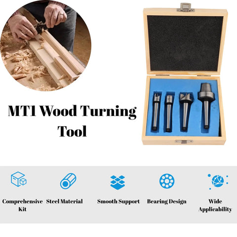 MT1 wood turning tool set in a wooden box with blue foam insert; five lathe turning bits arranged in a case.