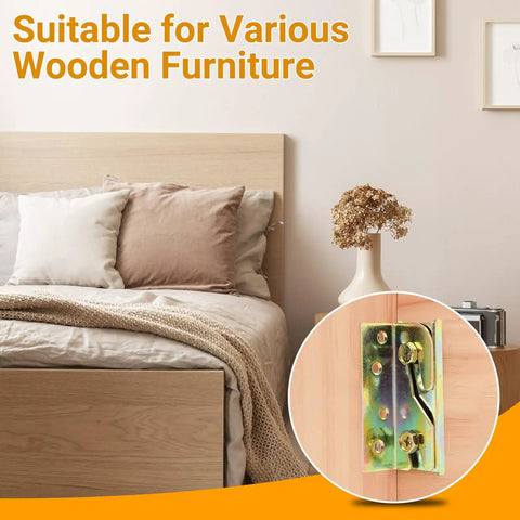 Rock Solid Galvanized Bed Rail Brackets 4 Pack With 32 Heavy Duty Screws Rust Proof steel bracket shown on wooden furniture.