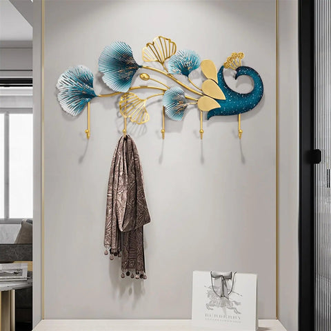 Sleek Wall Mounted Coat Rack With Extended Hook Arms For Entryway, wall decor with colorful leaf design and hanging scarf.